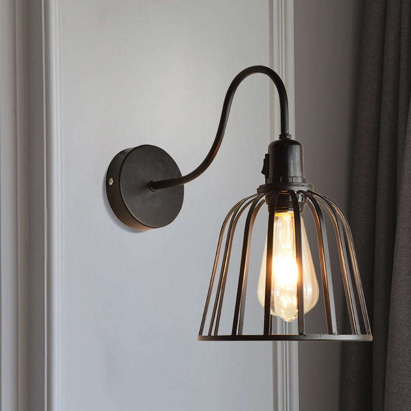 Lisslune | Gooseneck Arm Metal Wall Light with Bell Cage Shade Retro 1 Light Dining Room Wall Lamp in Black