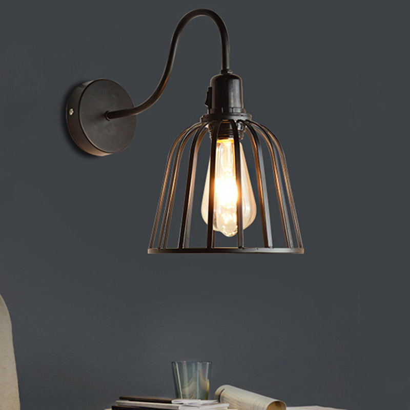 Lisslune | Gooseneck Arm Metal Wall Light with Bell Cage Shade Retro 1 Light Dining Room Wall Lamp in Black