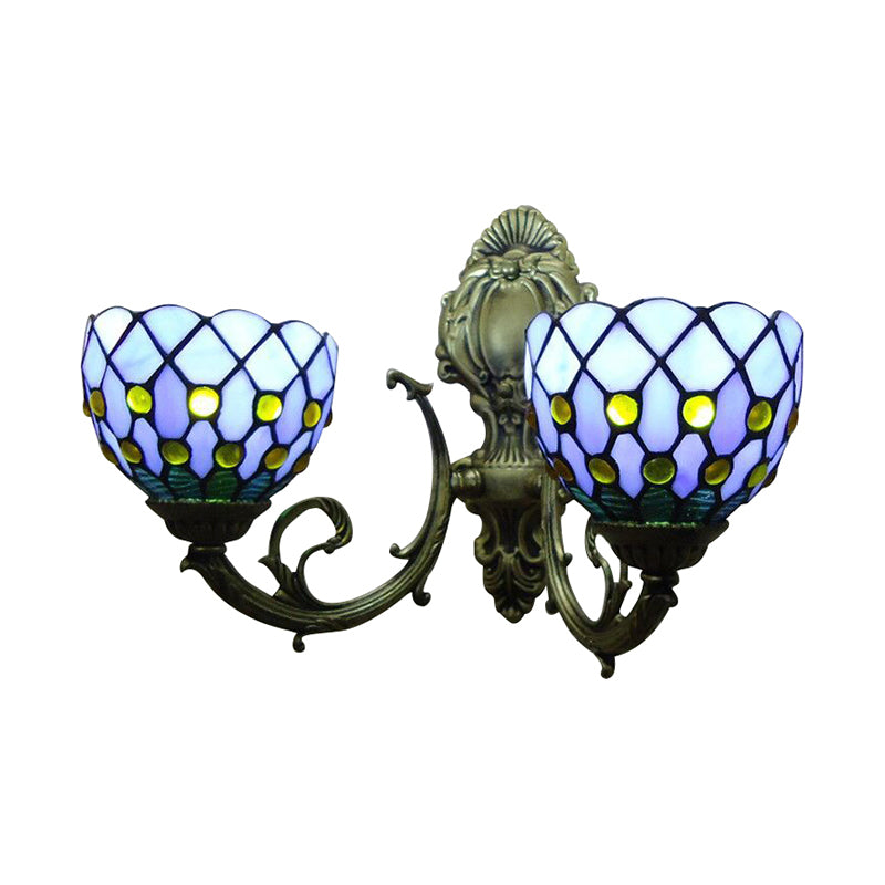Lisslune | 2-Lamp Grid Bowl Wall Lamp Tiffany Traditional Wall Lamp in Blue/Beige for the Bathroom