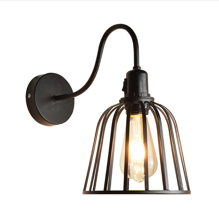 Lisslune | Gooseneck Arm Metal Wall Light with Bell Cage Shade Retro 1 Light Dining Room Wall Lamp in Black