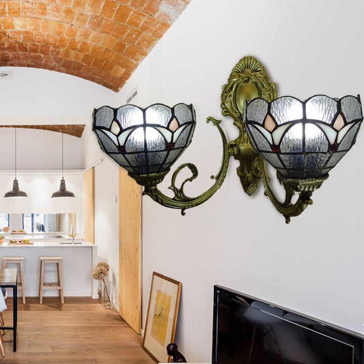 Lisslune | Art Glass Bowl Wall Lamp Café Restaurant 2-Lamps Tiffany Classic Clear Wall Lamp for Entrance Door