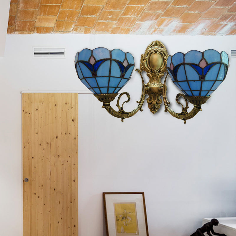 Lisslune | Stained glass bowl wall lamp study 2 lights Tiffany traditional wall lamp in blue/clear