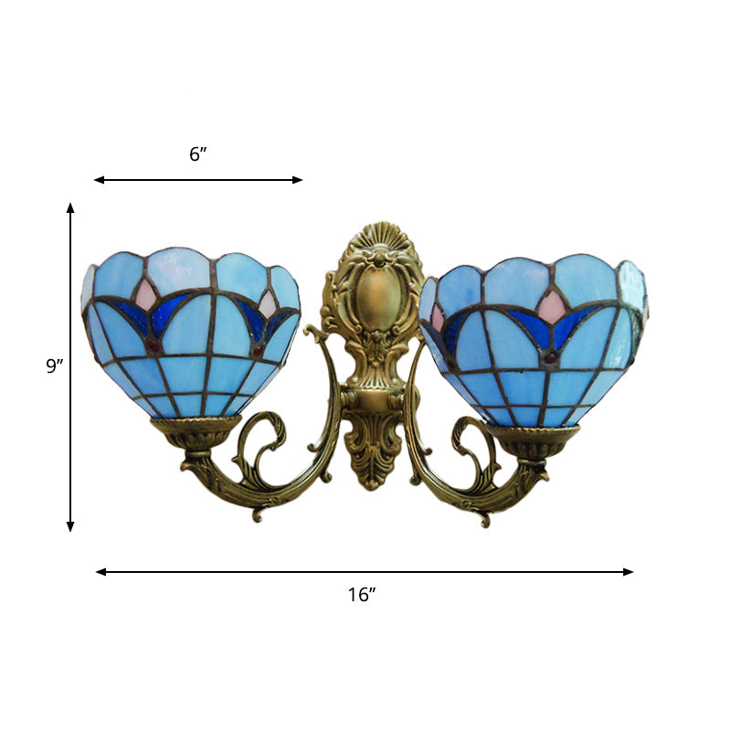 Lisslune | Stained glass bowl wall lamp study 2 lights Tiffany traditional wall lamp in blue/clear