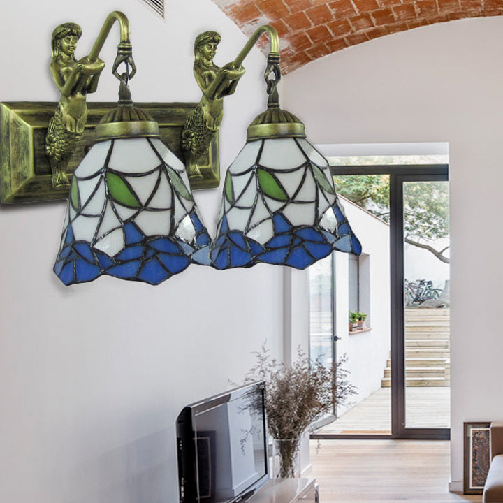 Lisslune | 2 heads hallway wall lamp Mediterranean antique bronze wall-mounted lamp with flared blue and white glass shade