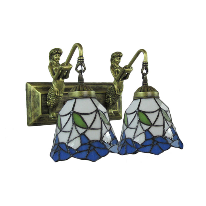 Lisslune | 2 heads hallway wall lamp Mediterranean antique bronze wall-mounted lamp with flared blue and white glass shade