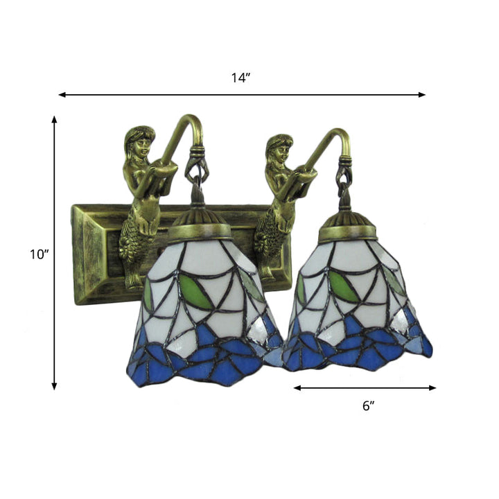 Lisslune | 2 heads hallway wall lamp Mediterranean antique bronze wall-mounted lamp with flared blue and white glass shade