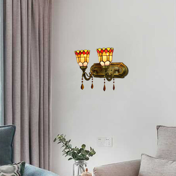 Lisslune | Art Glass Bowl Wall Lamp with Agate 2-Bulb Tiffany Vintage Wall Lamp in Beige/Brown/Blue/Blue-White for Dining Room