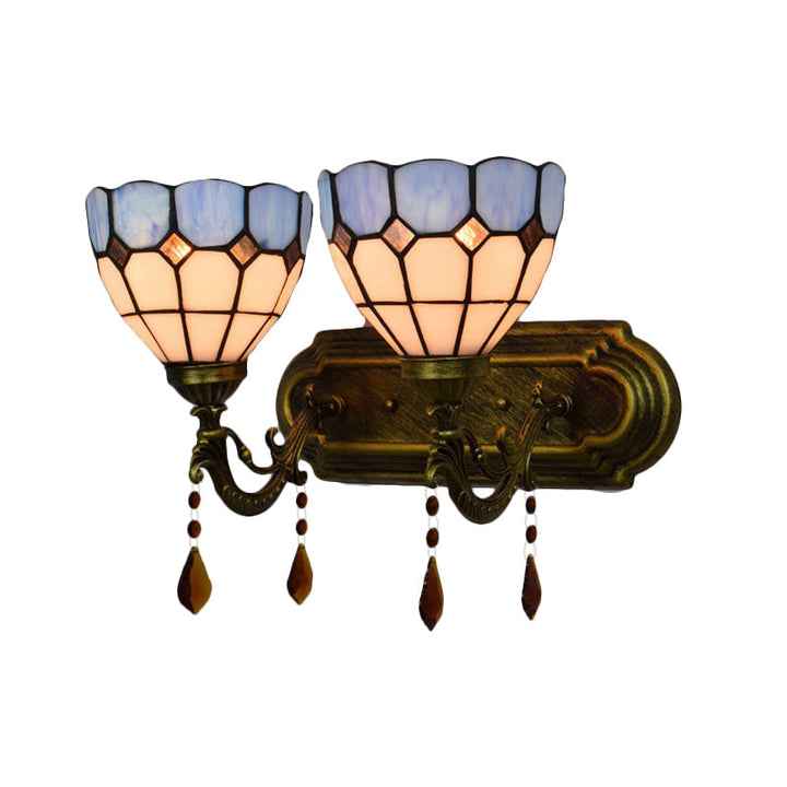 Lisslune | Art Glass Bowl Wall Lamp with Agate 2-Bulb Tiffany Vintage Wall Lamp in Beige/Brown/Blue/Blue-White for Dining Room