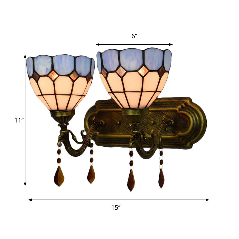 Lisslune | Art Glass Bowl Wall Lamp with Agate 2-Bulb Tiffany Vintage Wall Lamp in Beige/Brown/Blue/Blue-White for Dining Room