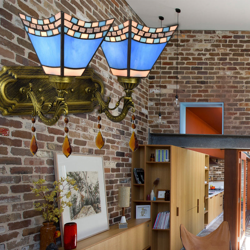 Lisslune | Art Glass Bowl Wall Lamp with Agate 2-Bulb Tiffany Vintage Wall Lamp in Beige/Brown/Blue/Blue-White for Dining Room