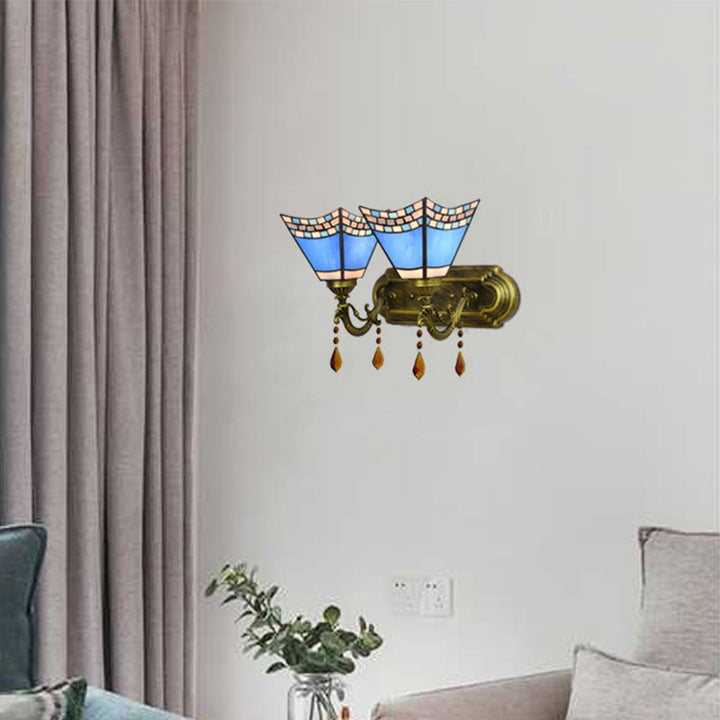 Lisslune | Art Glass Bowl Wall Lamp with Agate 2-Bulb Tiffany Vintage Wall Lamp in Beige/Brown/Blue/Blue-White for Dining Room