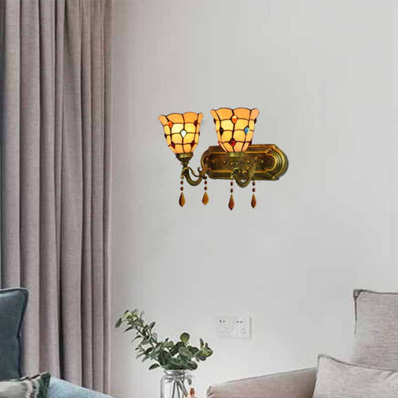 Lisslune | Art Glass Bowl Wall Lamp with Agate 2-Bulb Tiffany Vintage Wall Lamp in Beige/Brown/Blue/Blue-White for Dining Room