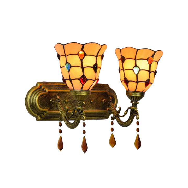 Lisslune | Art Glass Bowl Wall Lamp with Agate 2-Bulb Tiffany Vintage Wall Lamp in Beige/Brown/Blue/Blue-White for Dining Room