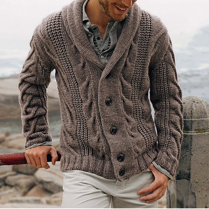 Men's chunky knit cardigan with shawl collar and button details Lisslune
