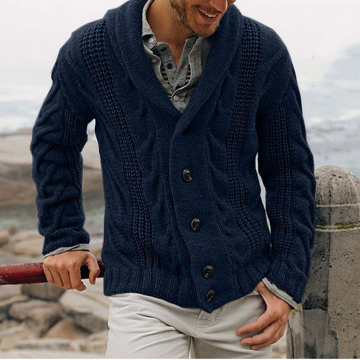 Men's chunky knit cardigan with shawl collar and button details Lisslune