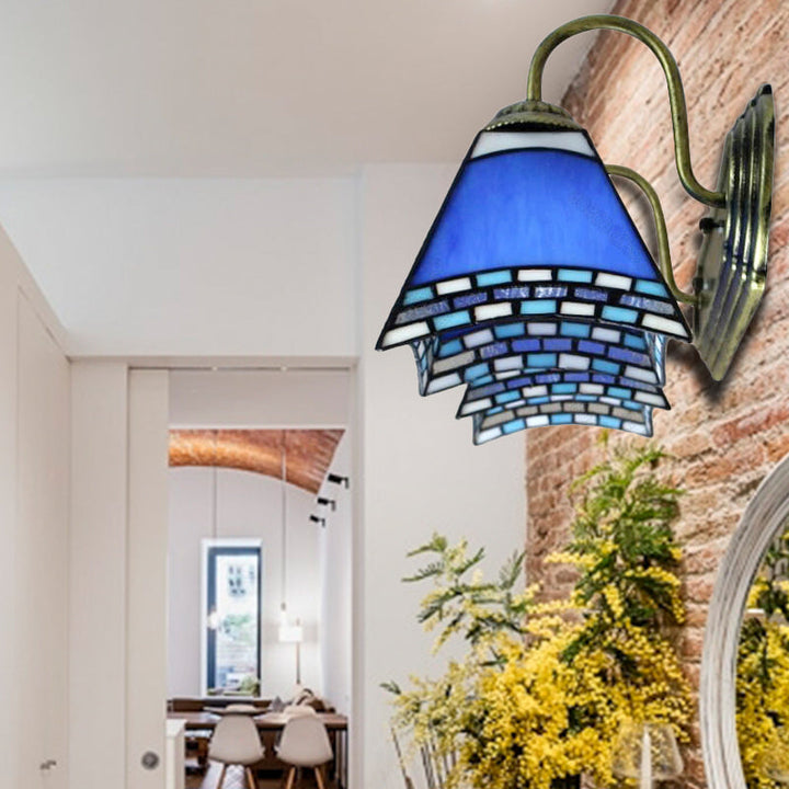 Lisslune | Blue Glass Pyramid Wall Mounted Light Mediterranean 2 Heads Bronze Wall Light
