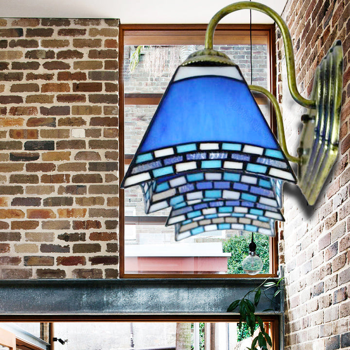 Lisslune | Blue Glass Pyramid Wall Mounted Light Mediterranean 2 Heads Bronze Wall Light