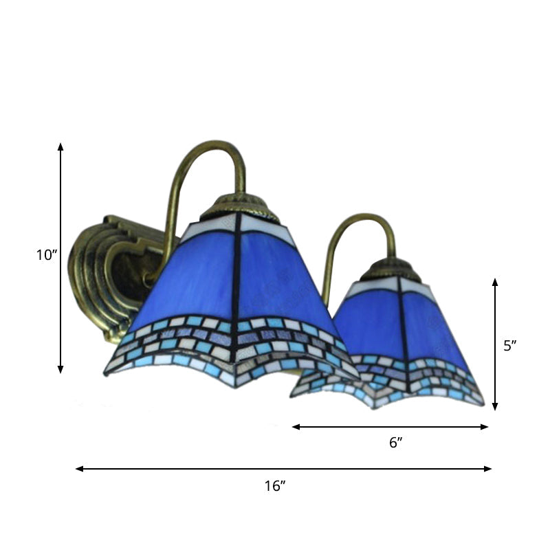 Lisslune | Blue Glass Pyramid Wall Mounted Light Mediterranean 2 Heads Bronze Wall Light