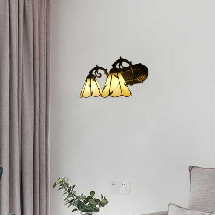 Lisslune | Beige Cone-shaped Wall Lamp with Leaf 2 Heads Tiffany Rustic Glass Wall Light for the Study Room