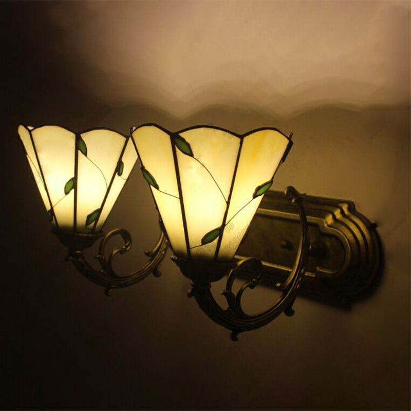 Lisslune | Beige Cone-shaped Wall Lamp with Leaf 2 Heads Tiffany Rustic Glass Wall Light for the Study Room