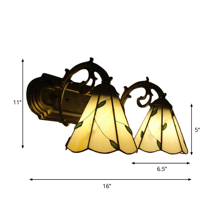 Lisslune | Beige Cone-shaped Wall Lamp with Leaf 2 Heads Tiffany Rustic Glass Wall Light for the Study Room