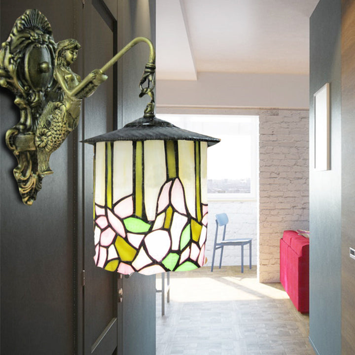 Lisslune | Cylinder Wall Light Tiffany Beige Glass 1 Head Hall Wall Mounted Lamp with Flower Pattern