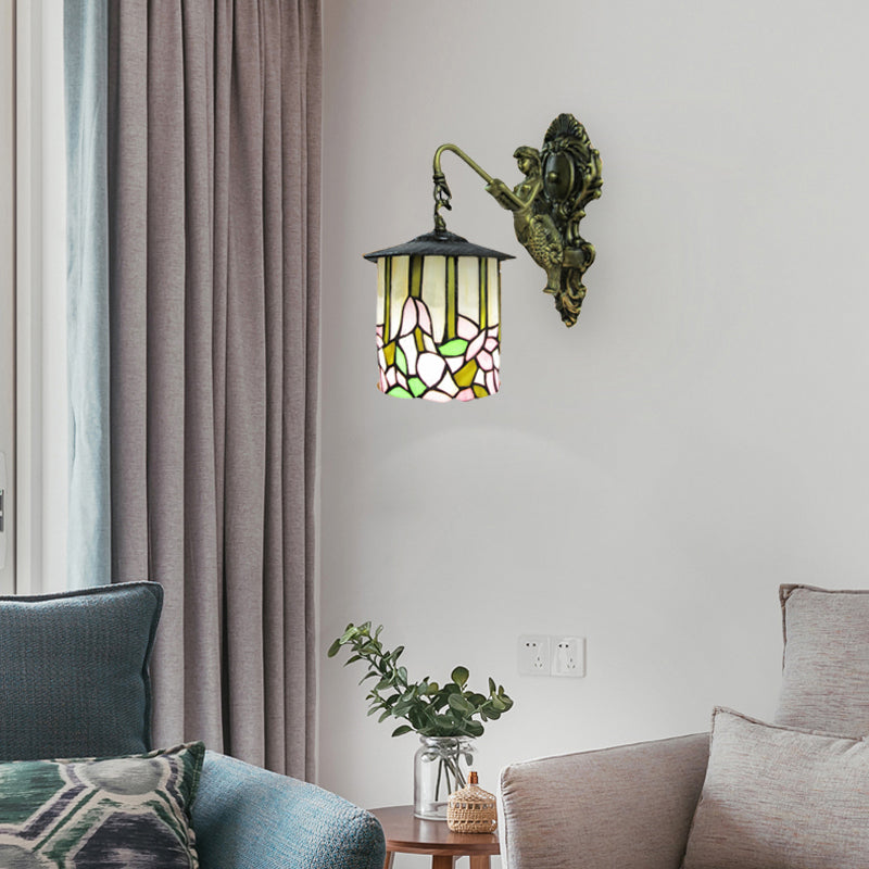 Lisslune | Cylinder Wall Light Tiffany Beige Glass 1 Head Hall Wall Mounted Lamp with Flower Pattern
