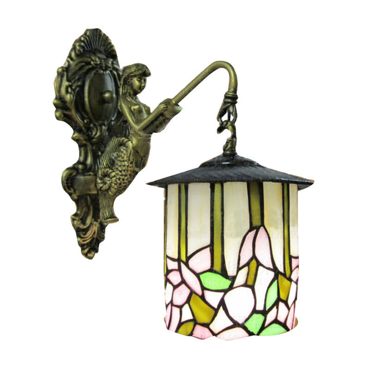 Lisslune | Cylinder Wall Light Tiffany Beige Glass 1 Head Hall Wall Mounted Lamp with Flower Pattern