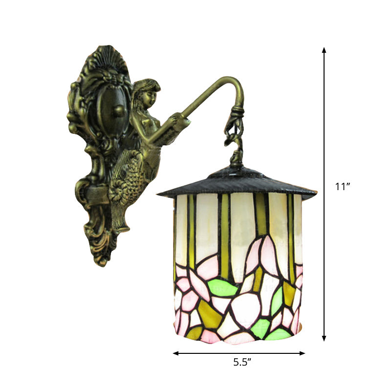 Lisslune | Cylinder Wall Light Tiffany Beige Glass 1 Head Hall Wall Mounted Lamp with Flower Pattern