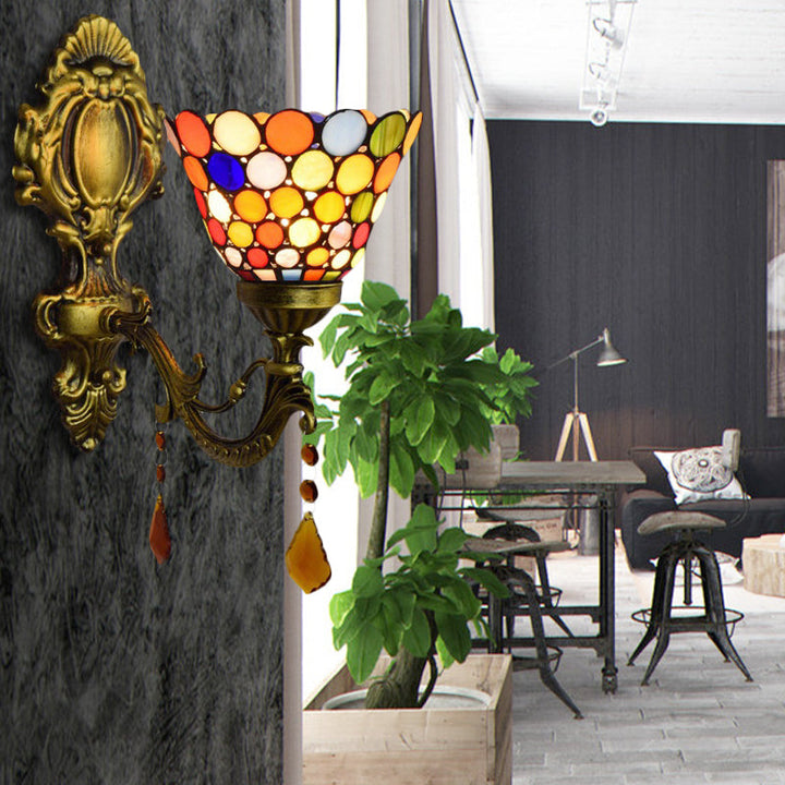 Lisslune | Glass dot bell wall light with agate 1 head Tiffany Moroccan wall light in antique brass for staircase