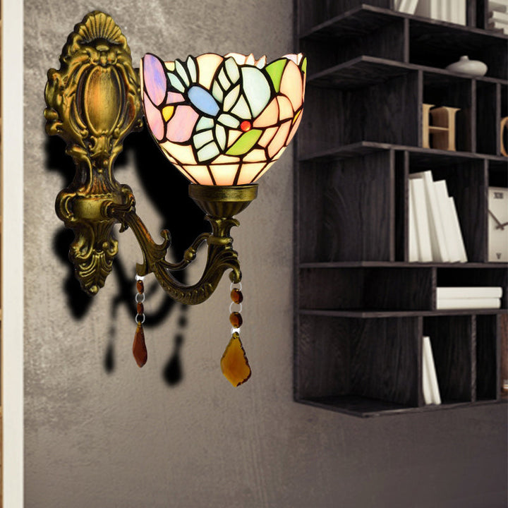 Lisslune | Bedroom Blossom Bird Wall Lamp Stained Glass 1 Head Wall Sconce with Agate Deco in Antique Brass
