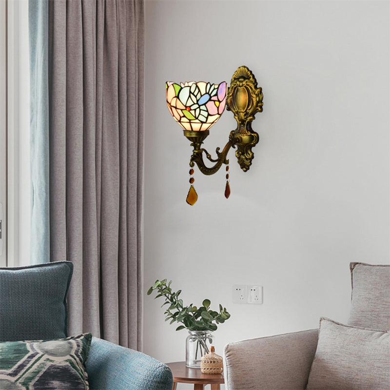 Lisslune | Bedroom Blossom Bird Wall Lamp Stained Glass 1 Head Wall Sconce with Agate Deco in Antique Brass