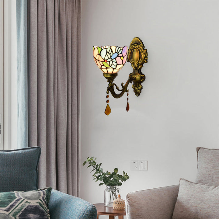 Lisslune | Bedroom Blossom Bird Wall Lamp Stained Glass 1 Head Wall Sconce with Agate Deco in Antique Brass