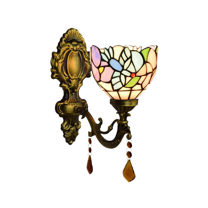 Lisslune | Bedroom Blossom Bird Wall Lamp Stained Glass 1 Head Wall Sconce with Agate Deco in Antique Brass
