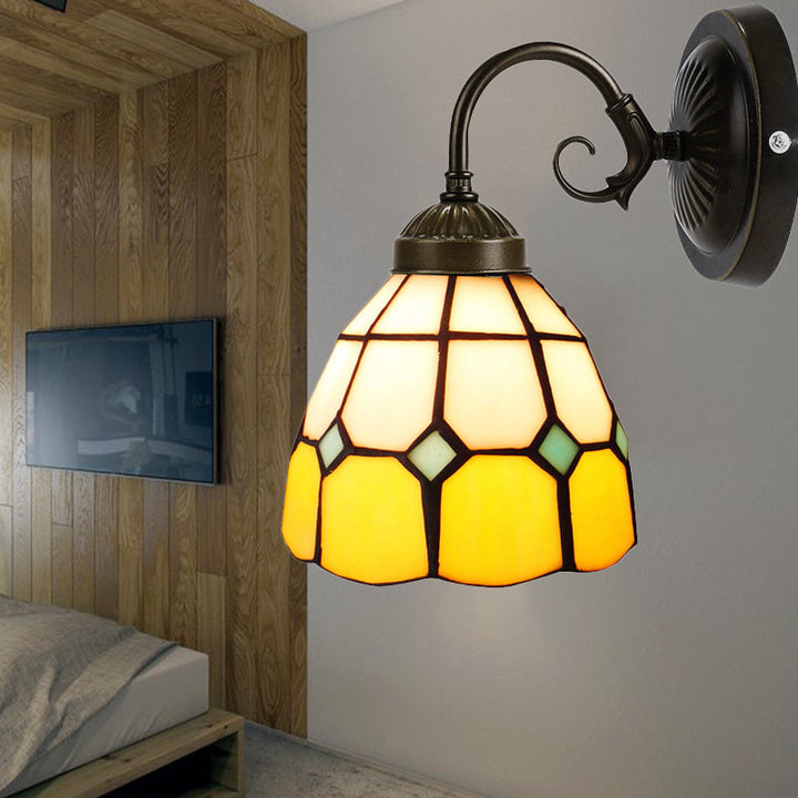 Lisslune | Art Glass Grid Dome Wall Light Gallery 1 Head Tiffany Classic Wall Light in Yellow for Bedroom