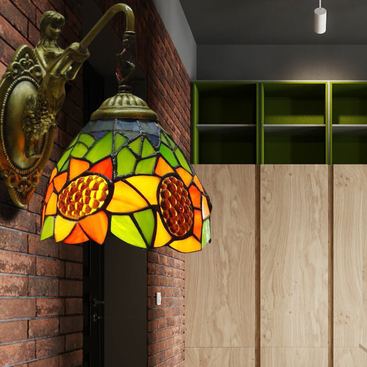 Lisslune | Orange Glass Sunflower Wall Lamp Tiffany 1 Main Antique Brass Wall Mounted Lighting Fixture