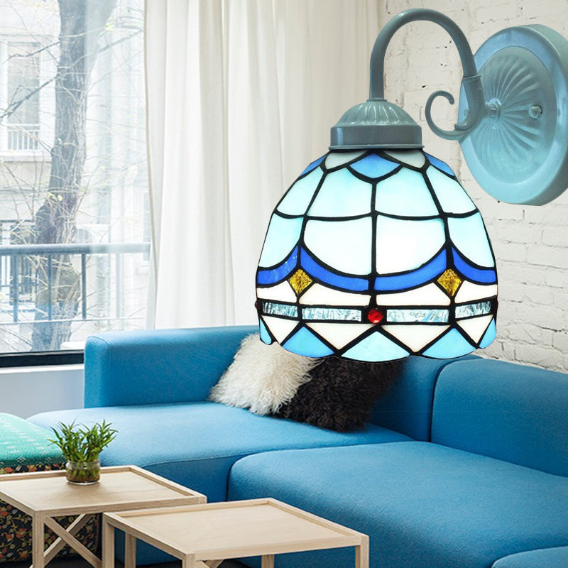 Lisslune | Tiffany Arched Small Wall Light Stained Glass 1 Head Blue Wall Light in White Finish for Living Room