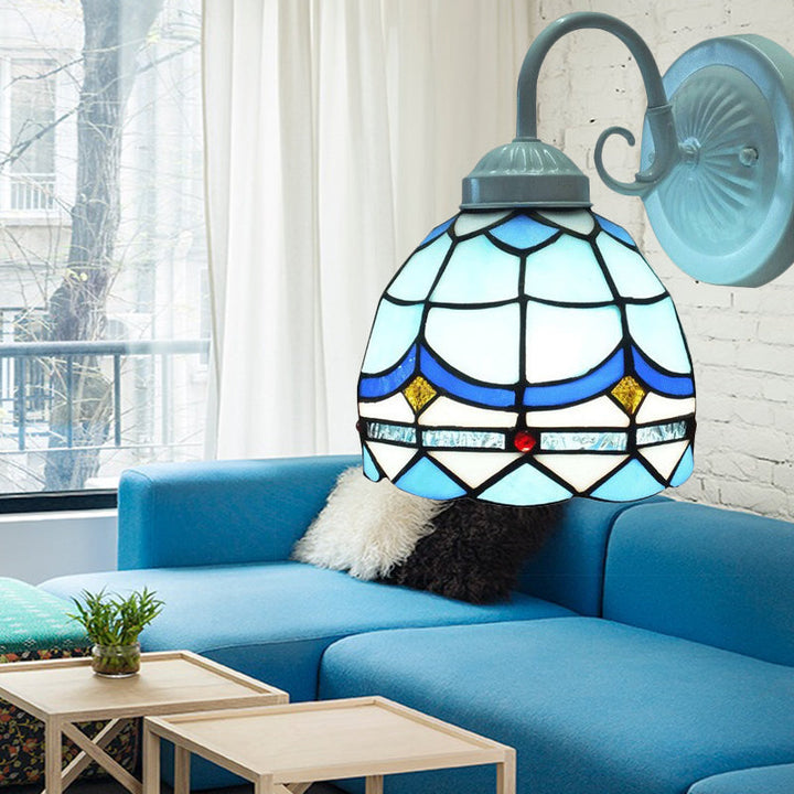 Lisslune | Tiffany Arched Small Wall Light Stained Glass 1 Head Blue Wall Light in White Finish for Living Room