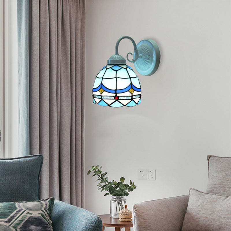 Lisslune | Tiffany Arched Small Wall Light Stained Glass 1 Head Blue Wall Light in White Finish for Living Room