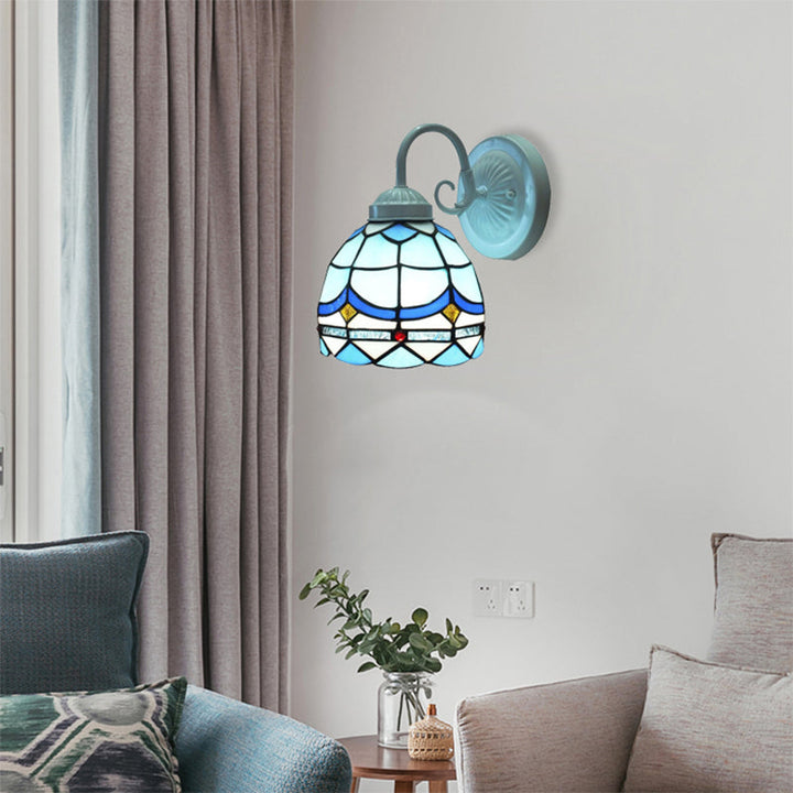 Lisslune | Tiffany Arched Small Wall Light Stained Glass 1 Head Blue Wall Light in White Finish for Living Room