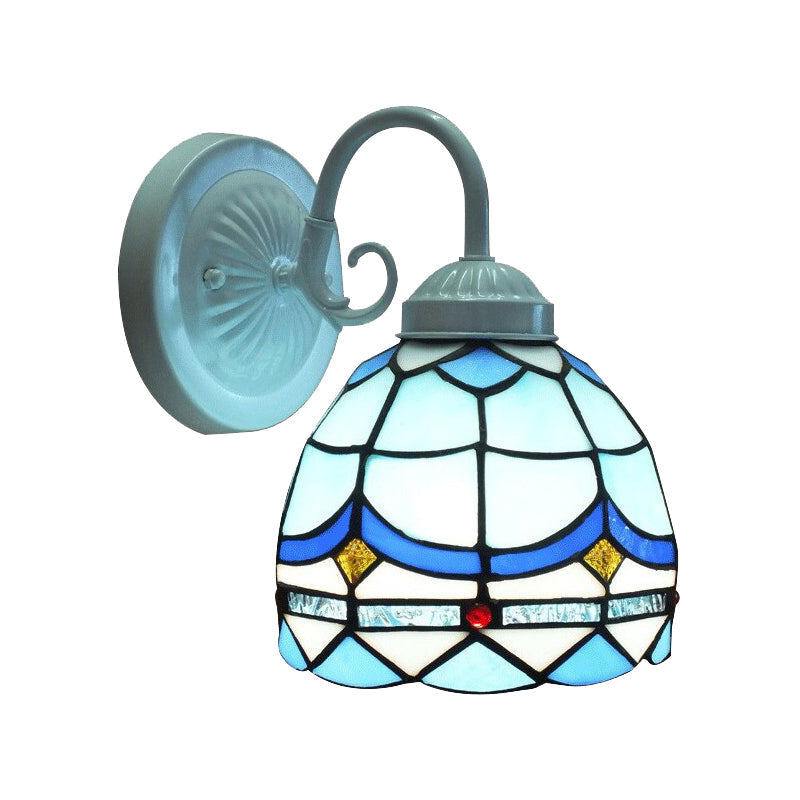 Lisslune | Tiffany Arched Small Wall Light Stained Glass 1 Head Blue Wall Light in White Finish for Living Room