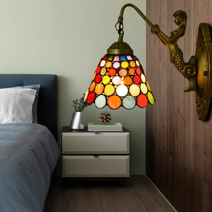Lisslune | Antique Brass 1 Head Wall Lamp Fixture Tiffany Multicolor Stained Glass Tapered Wall Lamp