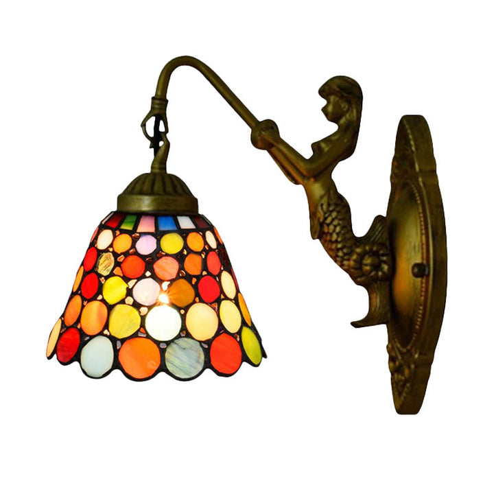 Lisslune | Antique Brass 1 Head Wall Lamp Fixture Tiffany Multicolor Stained Glass Tapered Wall Lamp