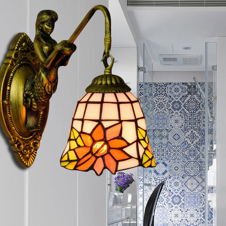 Lisslune | Sunflower Sconce Lamp Tiffany Orange Glass 1 Head Living Room Wall Mounted Lamp with Mermaid Backplate