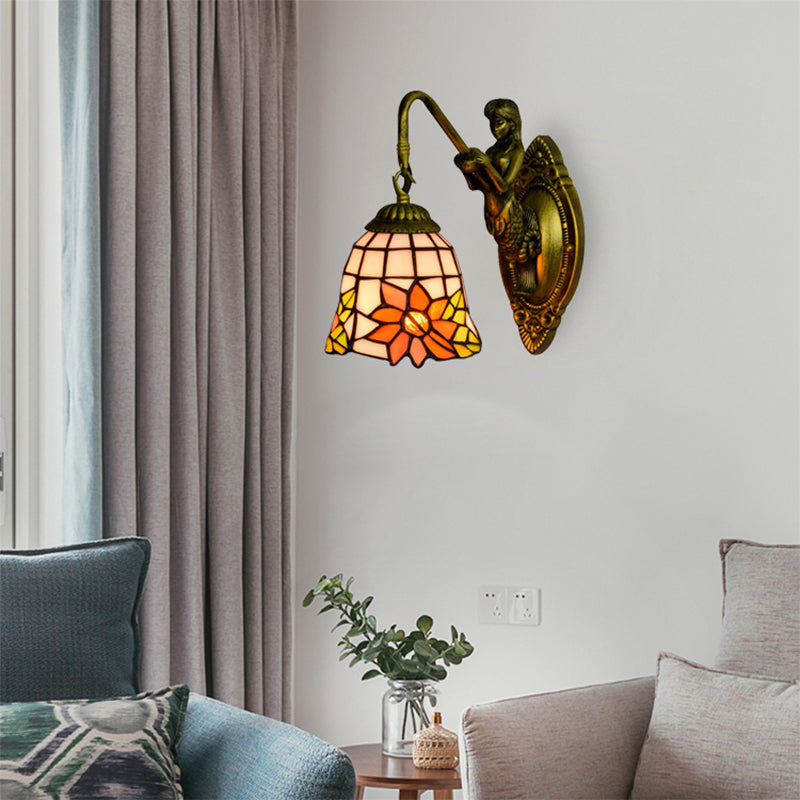 Lisslune | Sunflower Sconce Lamp Tiffany Orange Glass 1 Head Living Room Wall Mounted Lamp with Mermaid Backplate