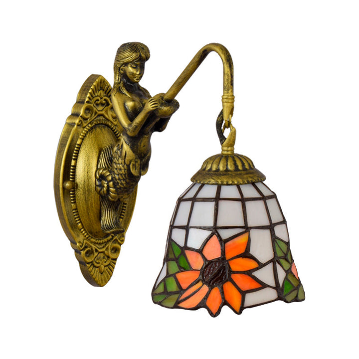 Lisslune | Sunflower Sconce Lamp Tiffany Orange Glass 1 Head Living Room Wall Mounted Lamp with Mermaid Backplate