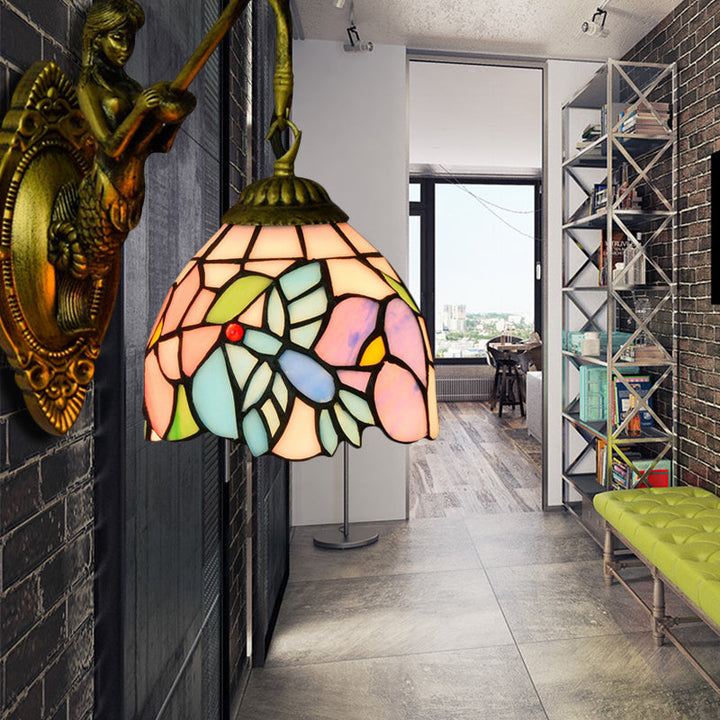 Lisslune | Blue-Pink Bowl Wall Lamp Tiffany 1 Head Multicolor Stained Glass Wall Mounted Lamp
