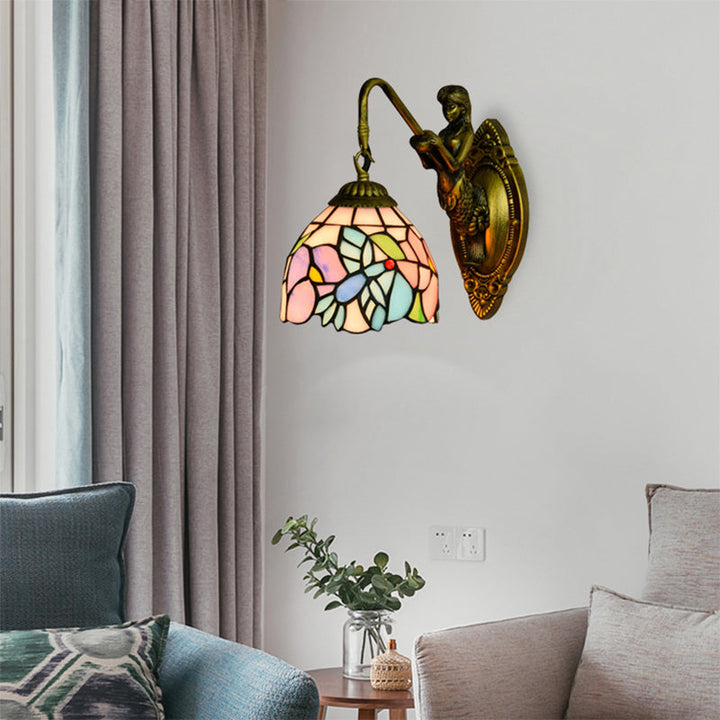 Lisslune | Blue-Pink Bowl Wall Lamp Tiffany 1 Head Multicolor Stained Glass Wall Mounted Lamp