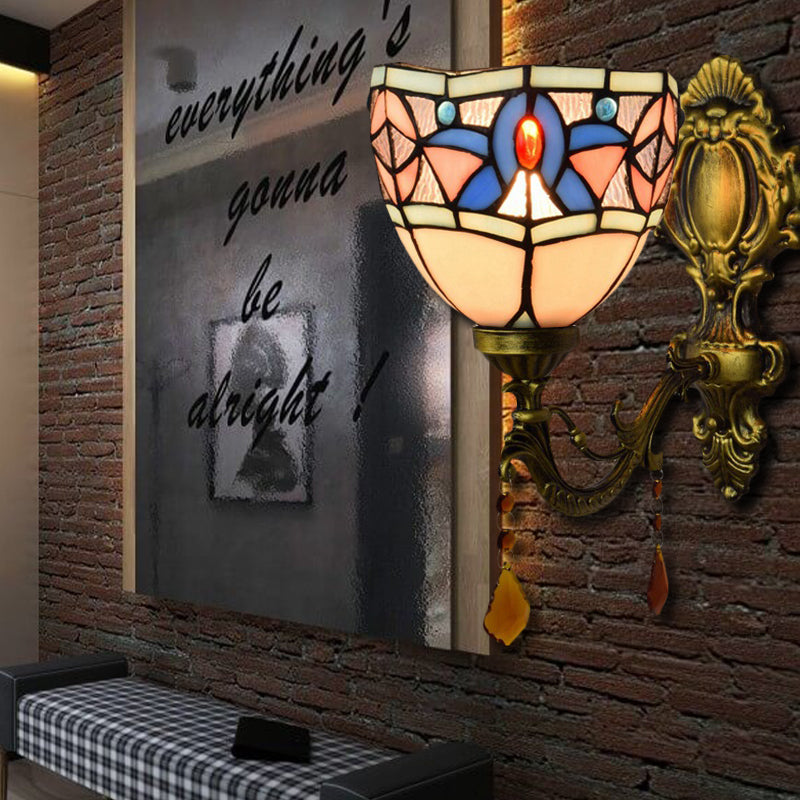 Lisslune | Stained Glass Bowl Wall Lamp Bedroom 1 Lamp Tiffany Classic Wall Lamp in White with Agate