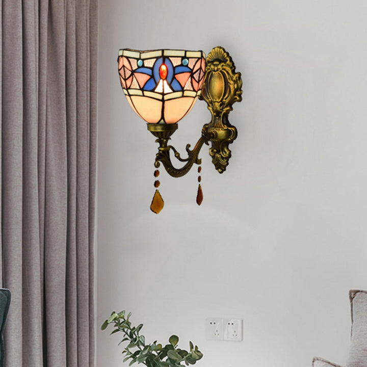 Lisslune | Stained Glass Bowl Wall Lamp Bedroom 1 Lamp Tiffany Classic Wall Lamp in White with Agate